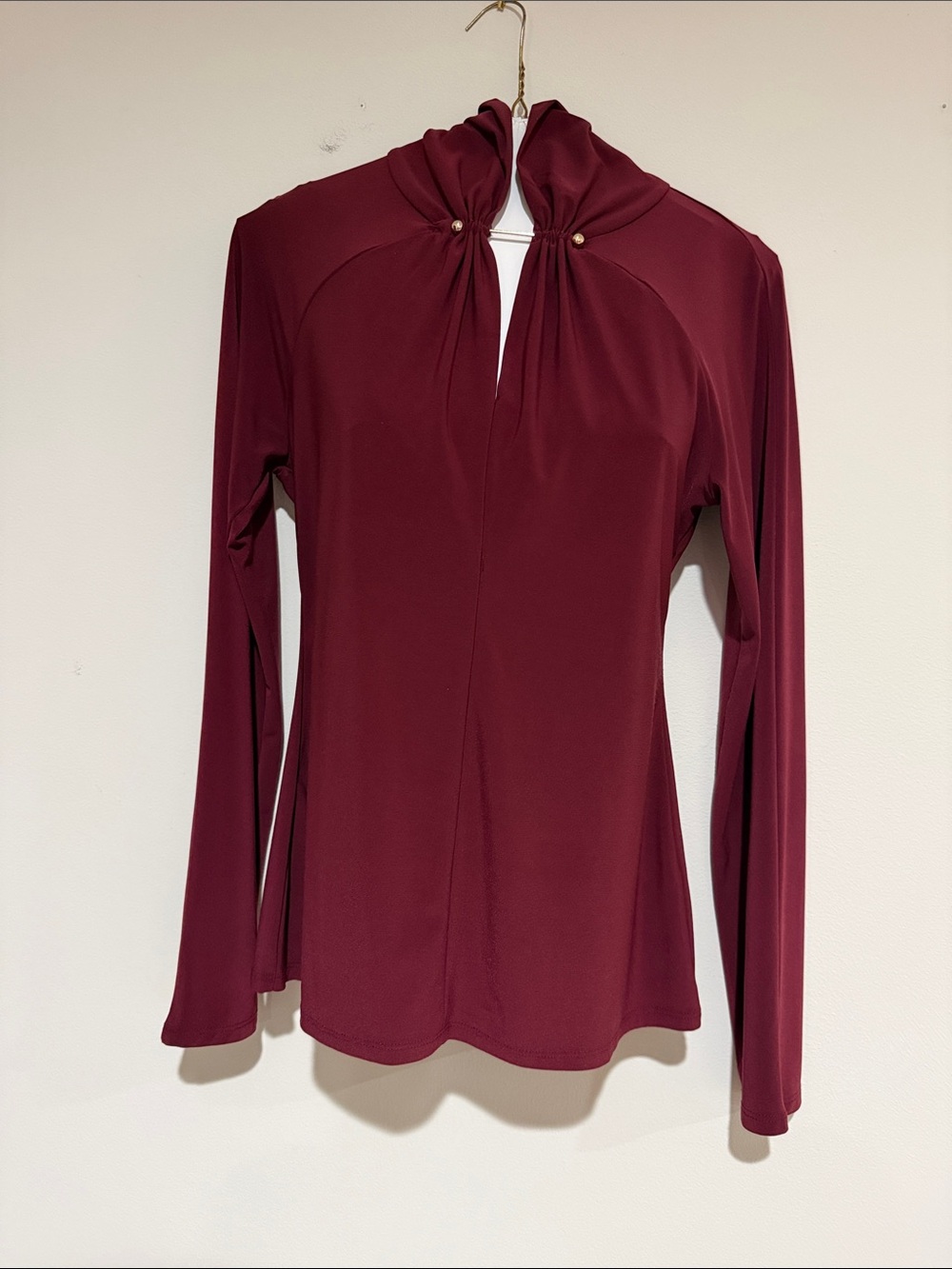 White House Black Market Wine Gathered Neck Long Sleeve Top
